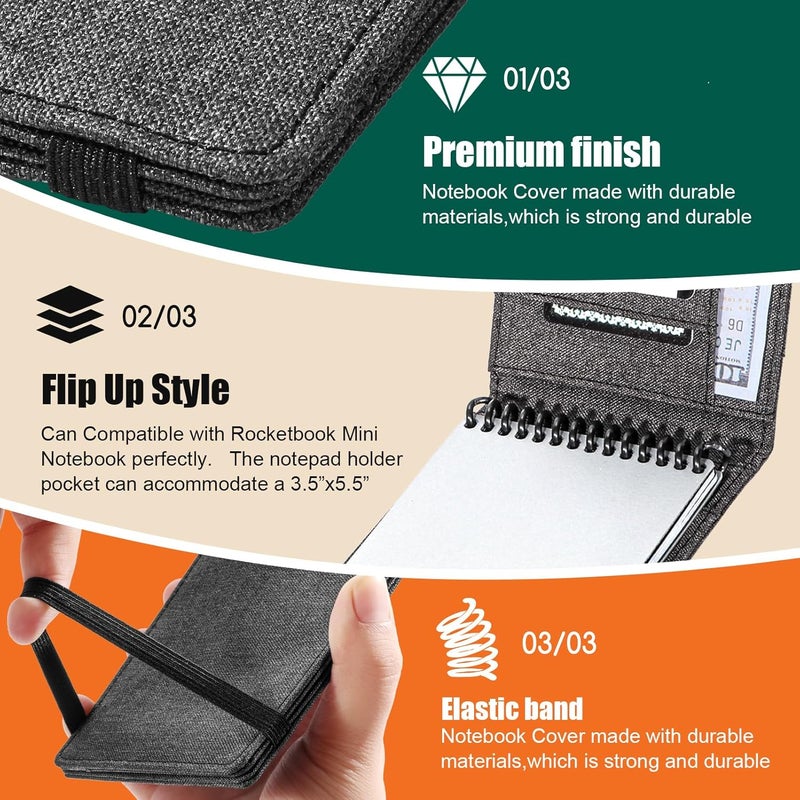 Plinyvel Notebook Cover for Rocketbook Mini & Field Notes Top Spiral (3.5"x5.5") - Durable Waterproof Case with Pen Holder & Card Slot, Power User Productivity Kit (Black) - Image 5